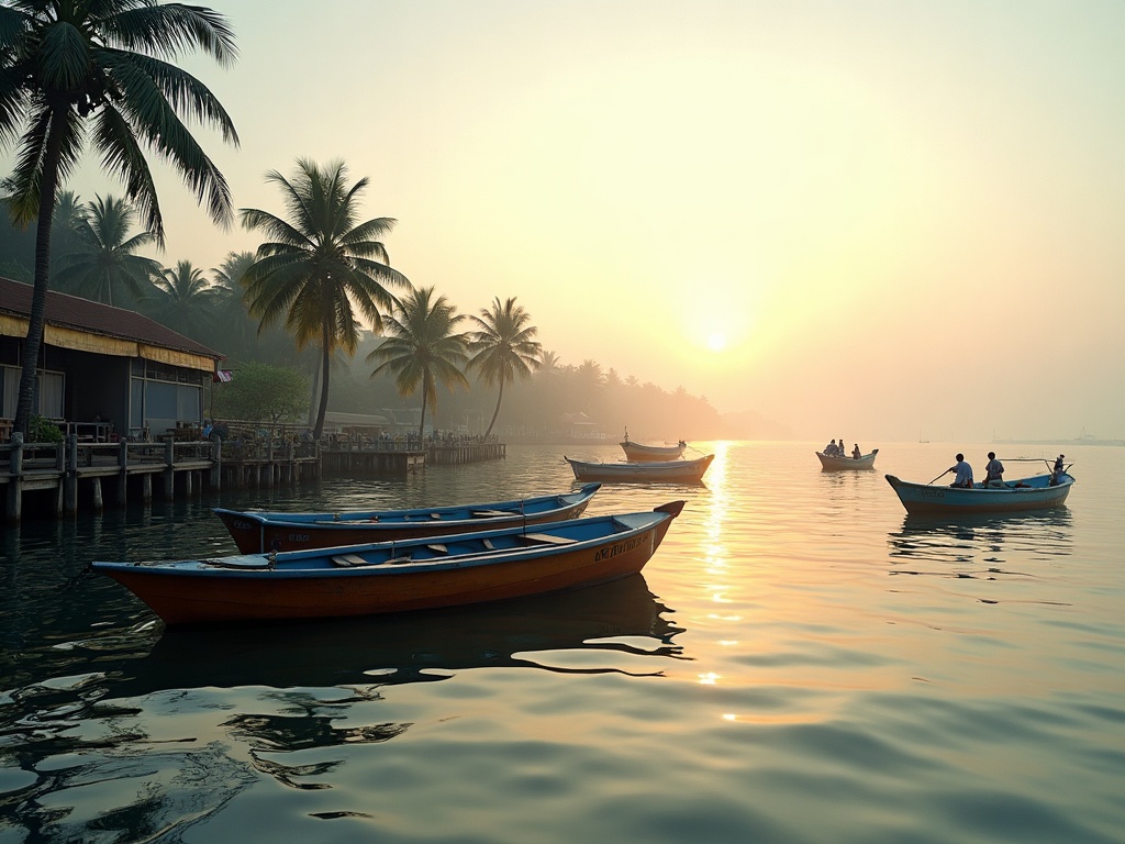 Calm dawn departure harbour on Bali's south coast with boats on glassy water