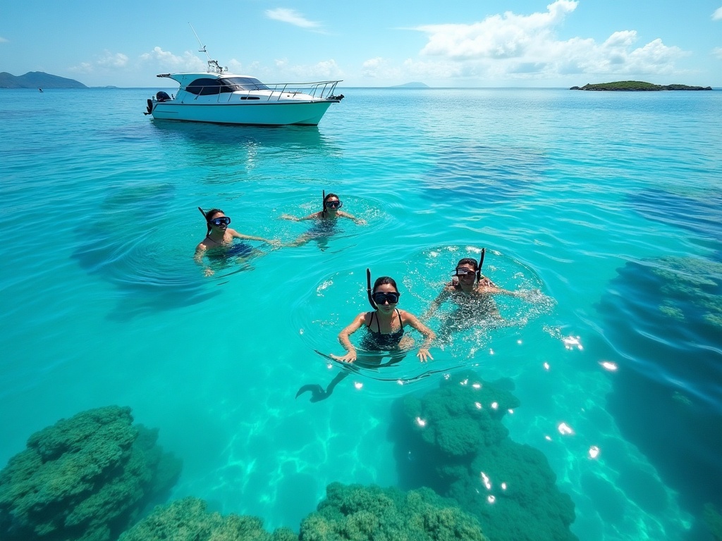 Snorkelers in clear turquoise water beside a private boat near Nusa Lembongan