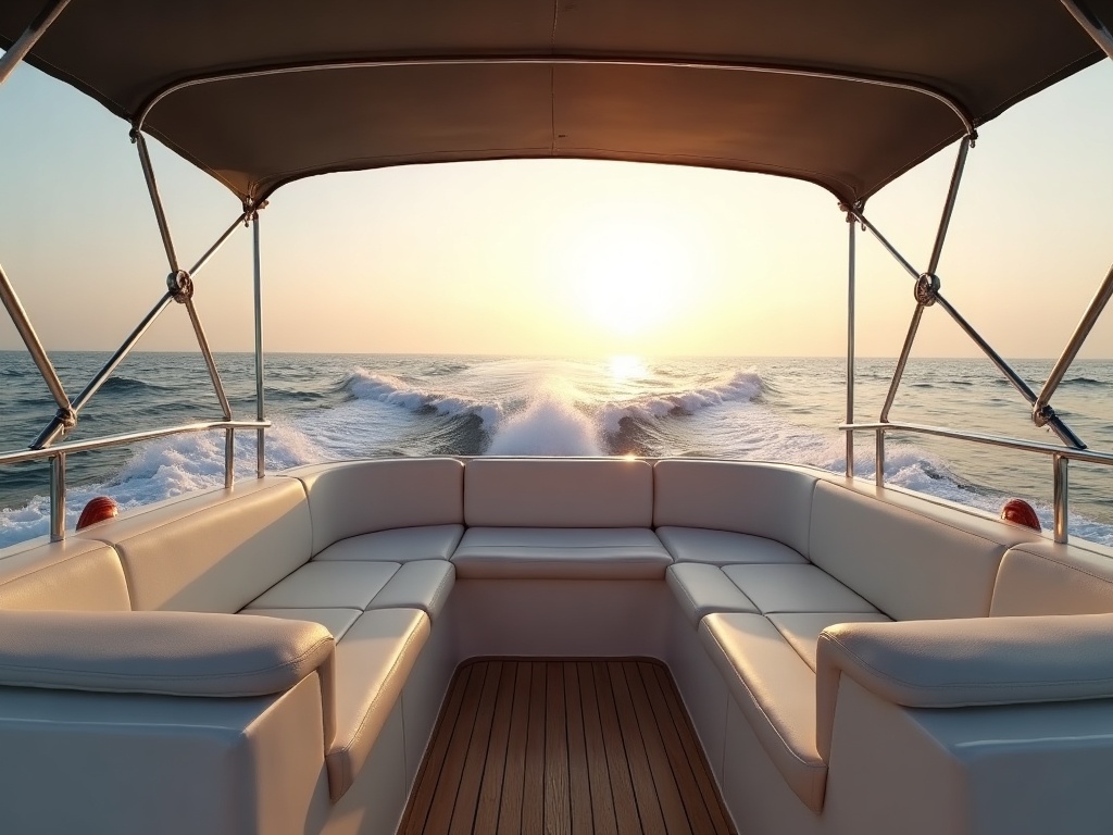 Empty cushioned private speedboat deck on a golden late-afternoon return crossing