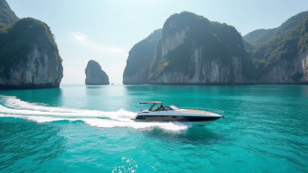 Private speedboat crossing the turquoise strait toward Nusa Penida cliffs in morning light